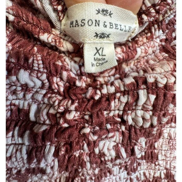 Mason & Belle Womens Smocked Babydoll Top XL Short Flutter Sleeves Burgundy & Cr - Picture 2 of 10